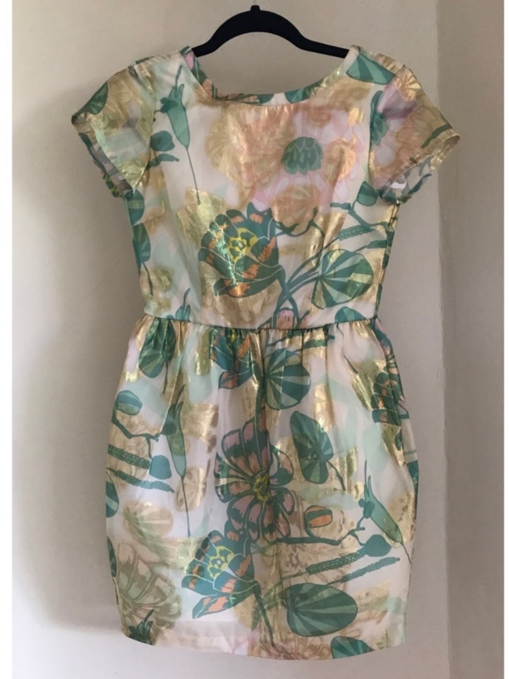 H&M Floral Metallic Sheath Dress in Green and Gold